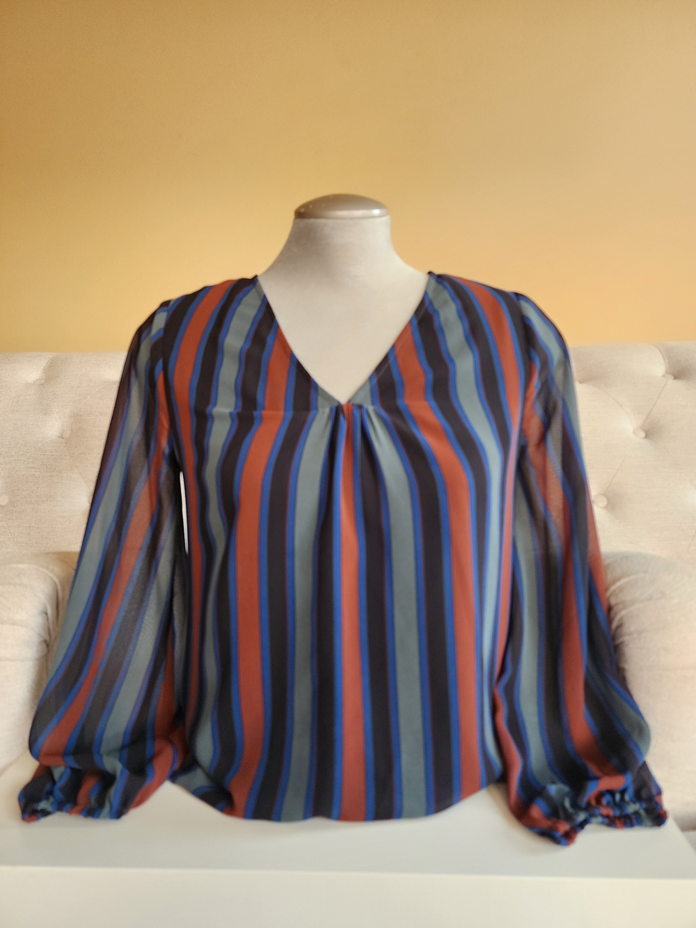 Madewell XS Sheer Striped V-Neck Long Sleeve Blouse Blue Rust Boho Career Top